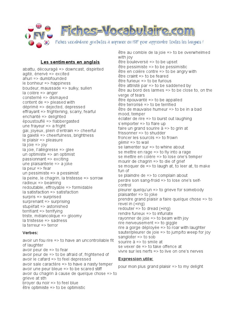 Vocabulaire des sentiments en anglais | PDF