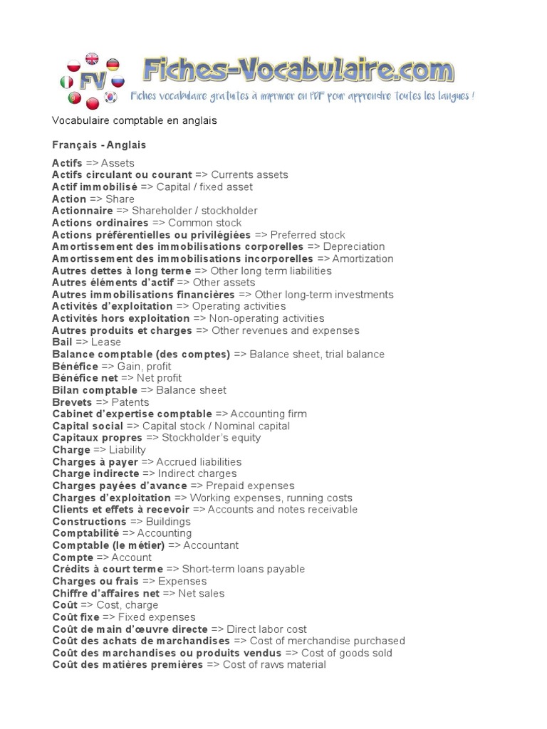 vocabulaire comptable anglais 2 pdf comptabilite economie d entreprise