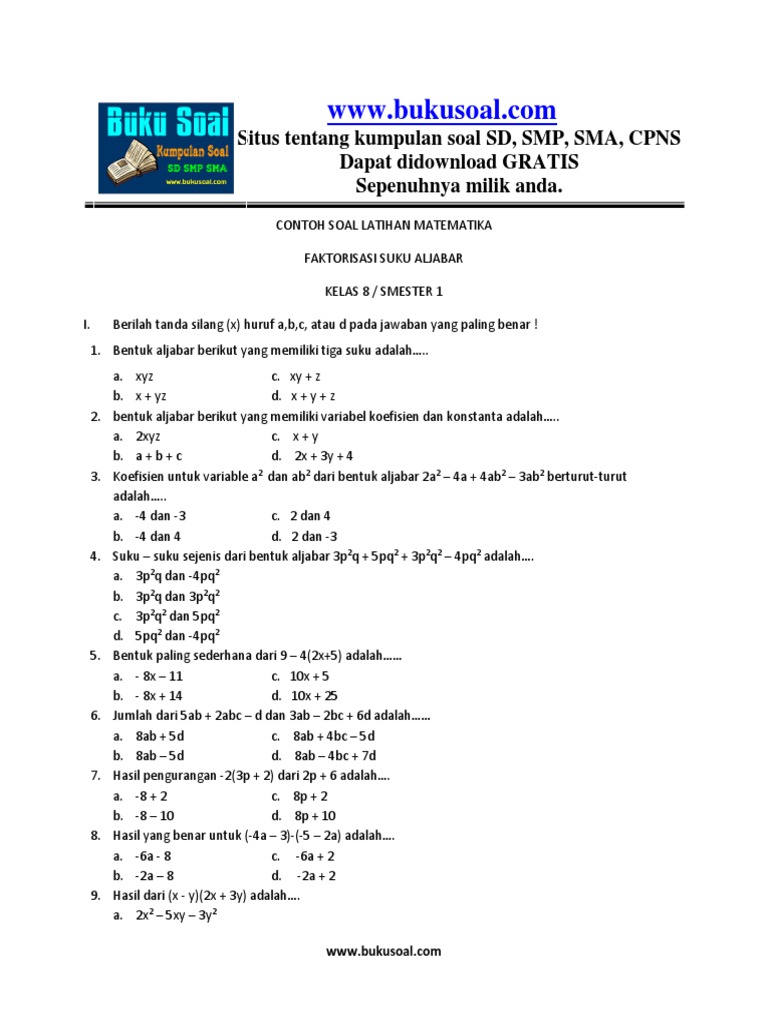1 Contoh Soal Latihan Matematika Faktorisasi Suku Aljabar Kelas 8 Smp Docx