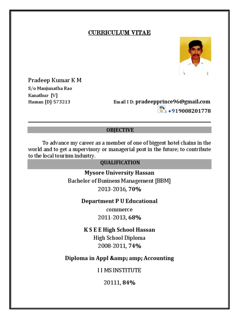 Curriculum Vitae: S/o Manjunatha Rao Kanathur (V) Hassan (D) - 573213 ...