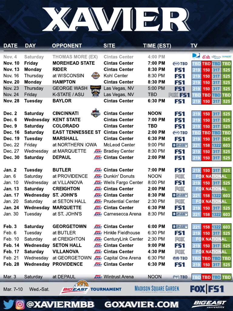 Xavier Men's Basketball Schedule PDF