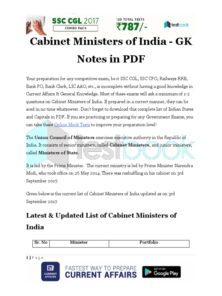 Cabinet Ministers of India GK Notes in PDF | PDF | Cabinet (Government ...