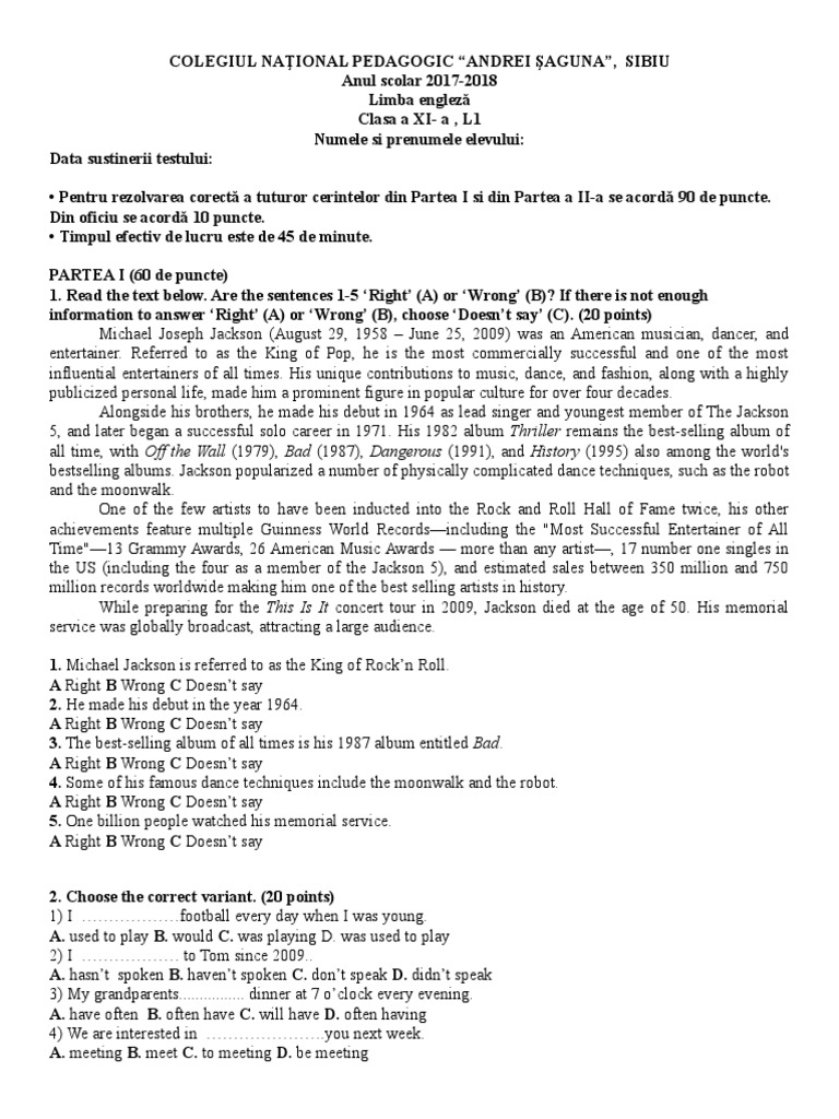 Test Initial Xi l2 | PDF | Michael Jackson | Entertainment