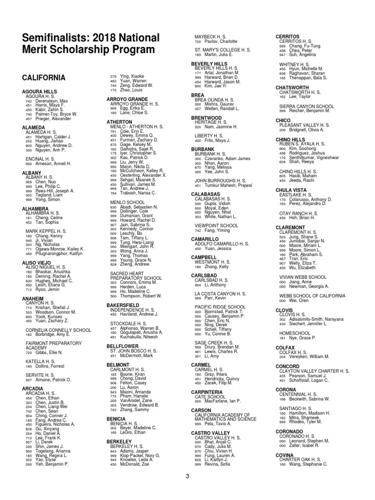 National Merit 2018 scholarship California semifinalists Violence