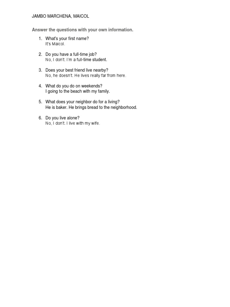 Answering Personal Questions: Maicol's Info | PDF | Lifestyle