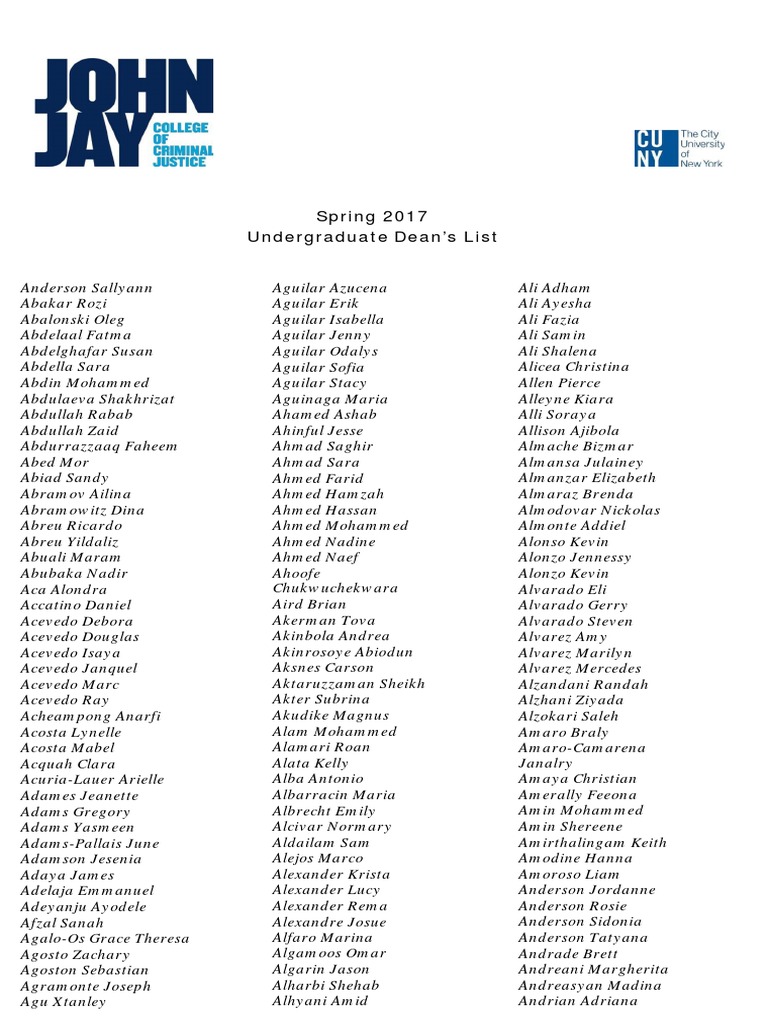 Spring 2017 - Dean's List PDF | PDF | Religion And Belief