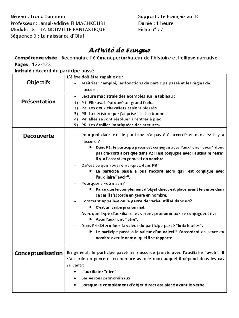 Exercices Accord Participe Passé 6ème à Imprimer Accord Du Participe Passé | PDF | Verbe | Typologie linguistique