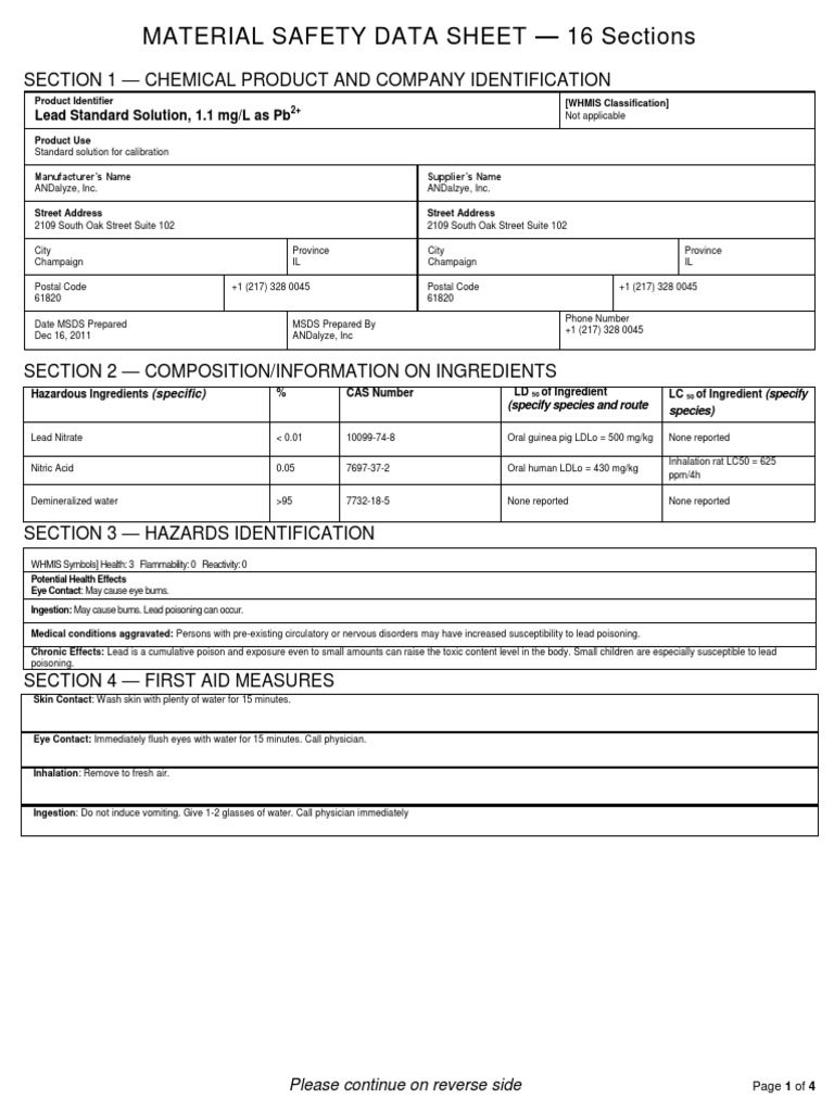MSDS Lead Standard Solution Lead Dangerous Goods