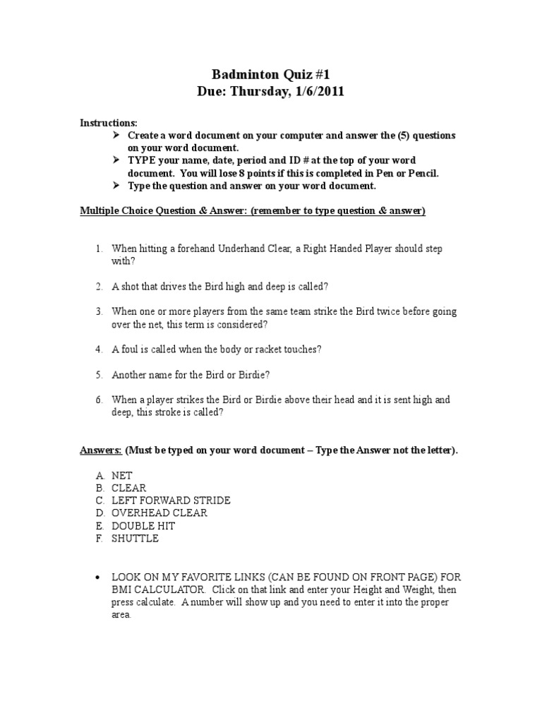 Badminton Quiz 1 PDF