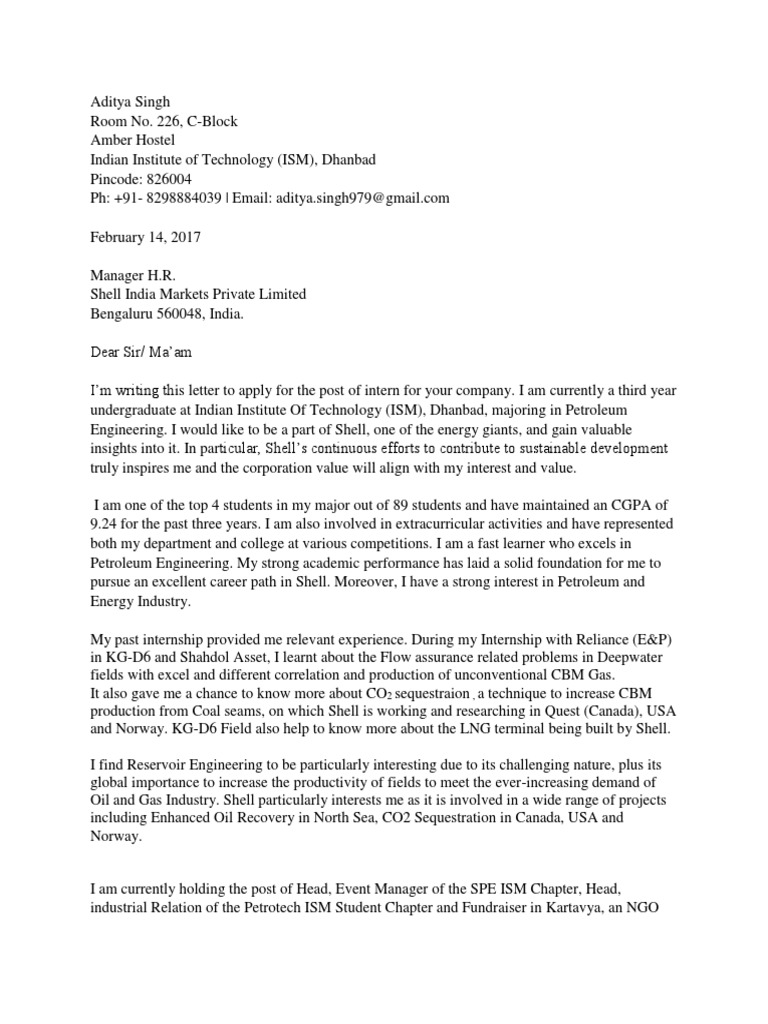 Cover letter.docx | Royal Dutch Shell | Petroleum