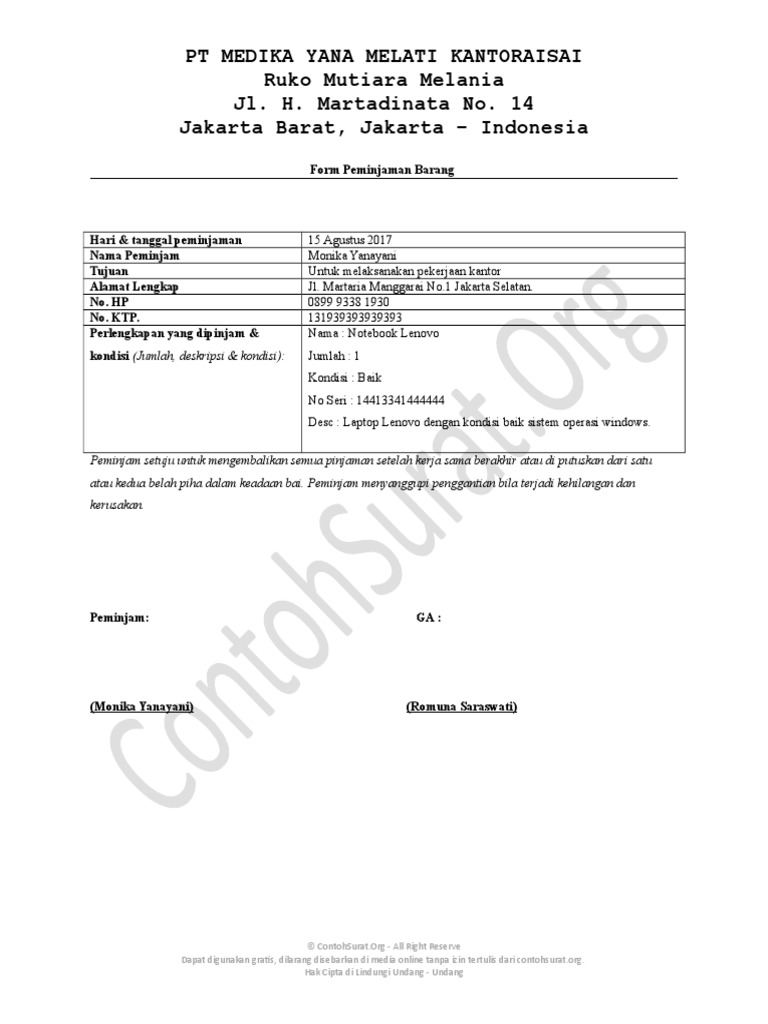 Contoh Form Peminjaman Barang Inventaris Kantor