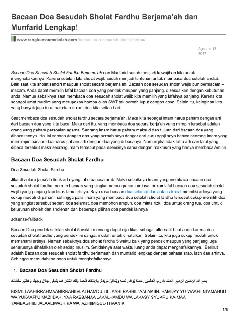 Rangkumanmakalah Com Bacaan Doa Sesudah Sholat Fardhu Berjamaah Dan Munfarid Lengkap