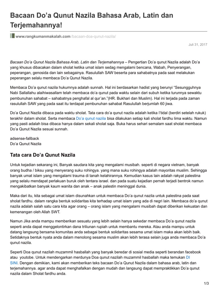 Rangkumanmakalah Com Bacaan Doa Qunut Nazila Bahasa Arab Latin Dan
