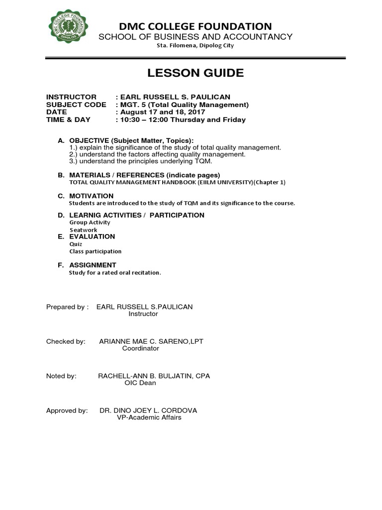 Lesson Guide Tqm Cognition Psychology Cognitive Science - 