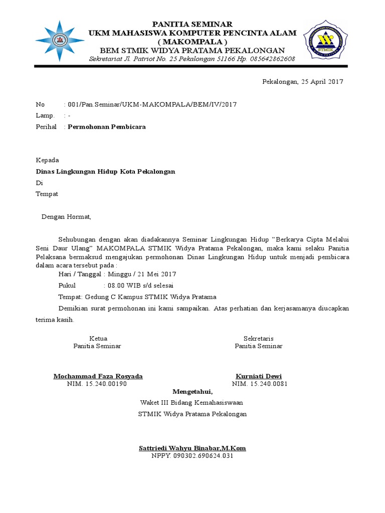 Contoh Surat Permohonan Pembicara Seminar