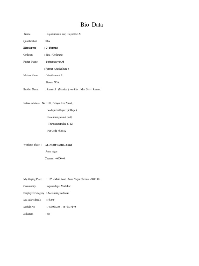 Personal Bio Data of Rajakumari S. | PDF