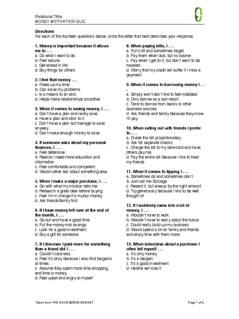 Money Motivation Assessment Quiz | PDF | Motivation | Motivational