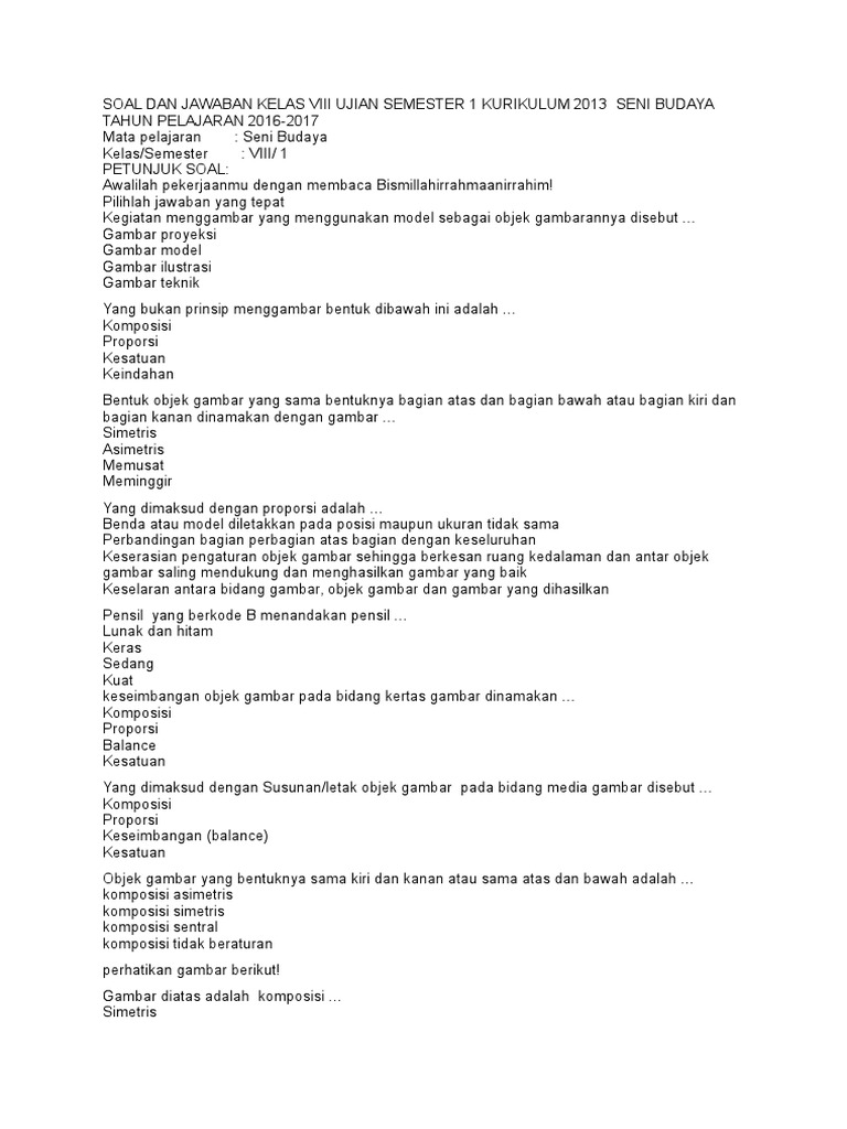 Soal Dan Jawaban Kelas Viii Ujian Semester 1 Kurikulum 2013 Pdf