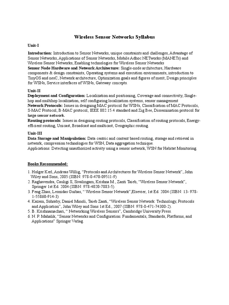 Wireless Sensor Networks Syllabus PDF Wireless Sensor Network