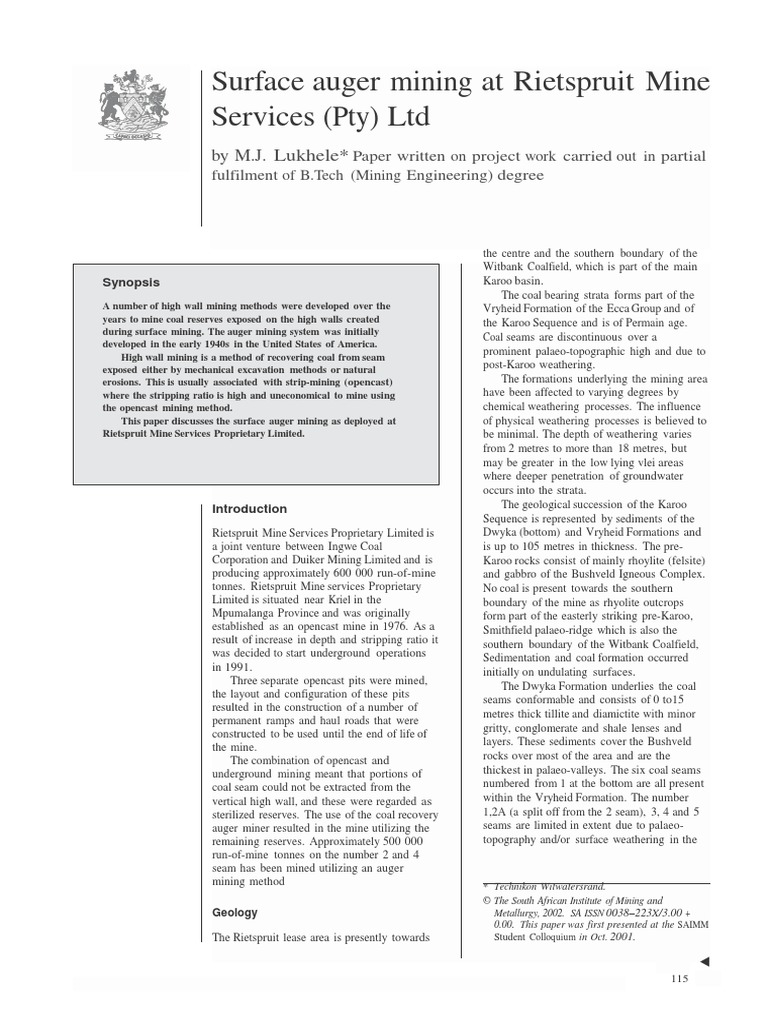 Auger Mining PDF Coal Mining Mining