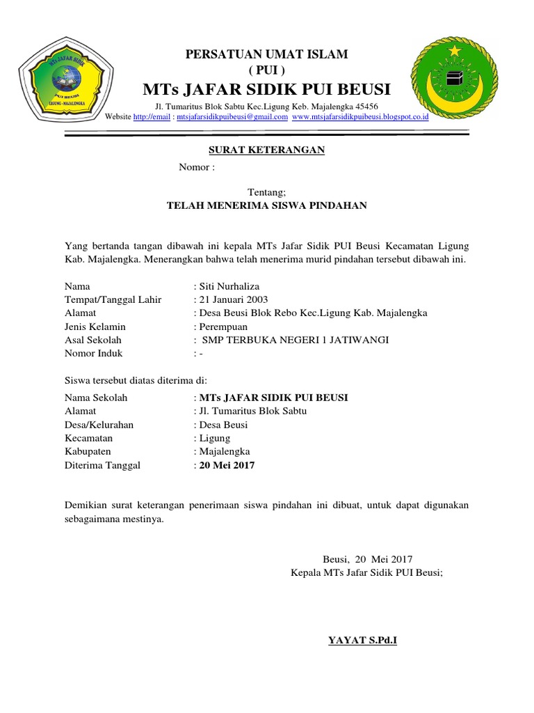 Surat Penerimaan Siswa Dahan 2