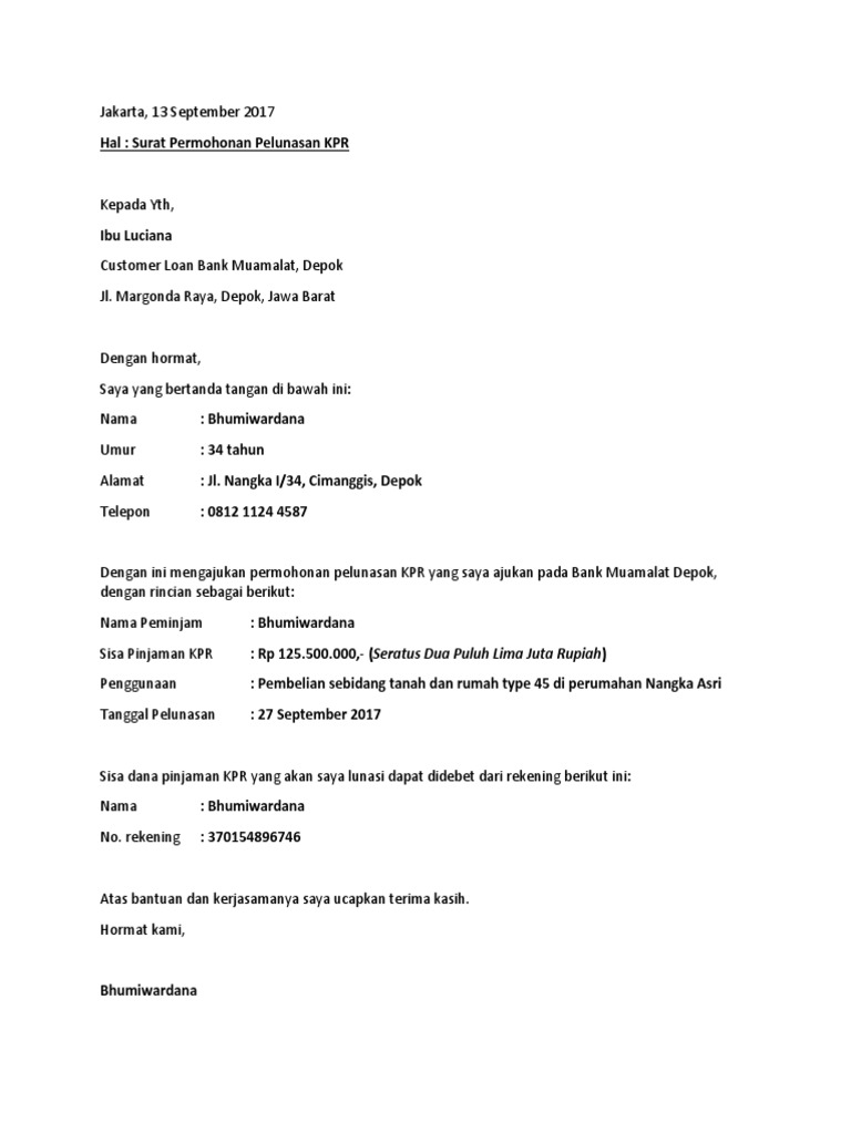 Contoh Surat Permohonan Pelunasan Hutang KPR PDF