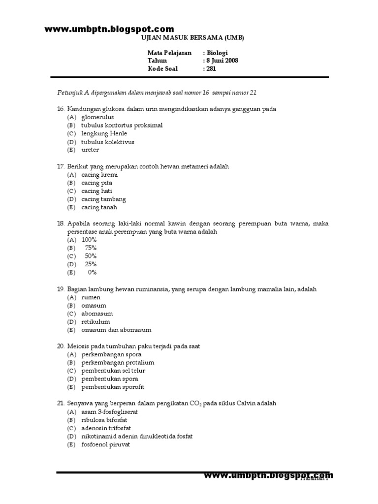 Soal Umb Pt 2008 Biologi 281 Jagalsoal Blogspot Com Pdf
