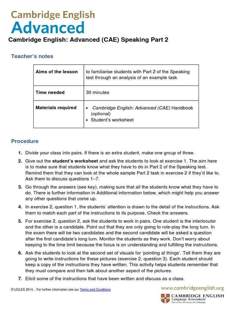CAE Speaking Part 2 Teacher's Guide | PDF | Communication | Psychology