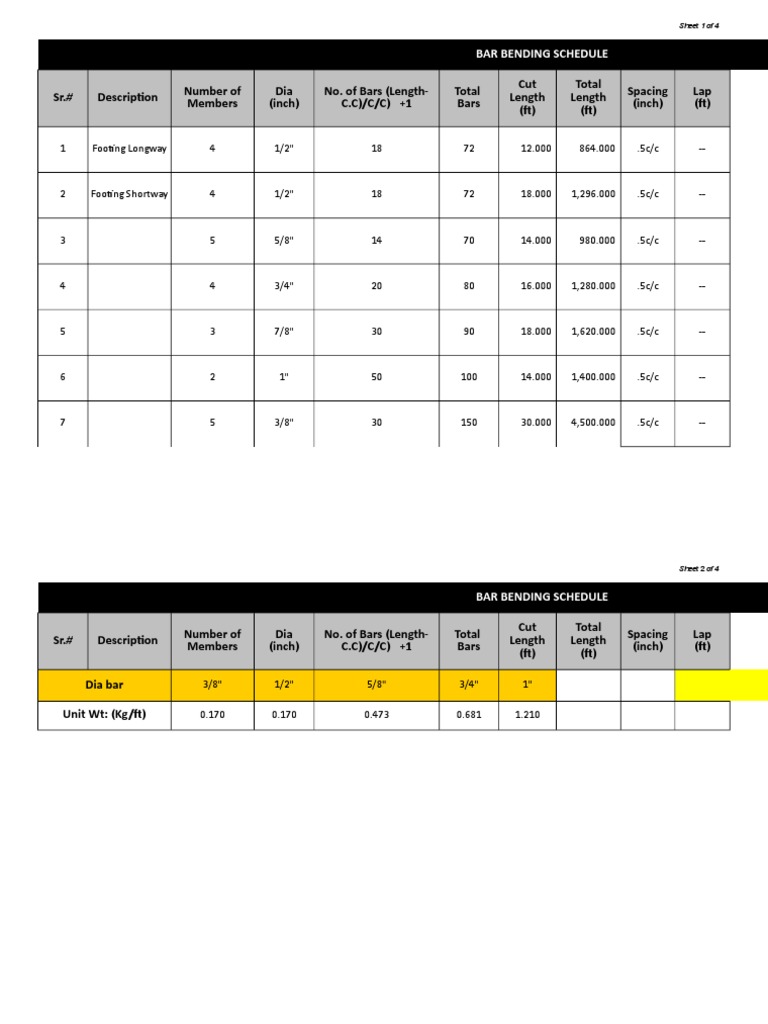 Bar bending schedule format bbs xls nature