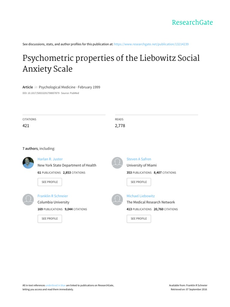 Liebowitz Social Anxiety Scale Study | PDF | Social Anxiety Disorder ...