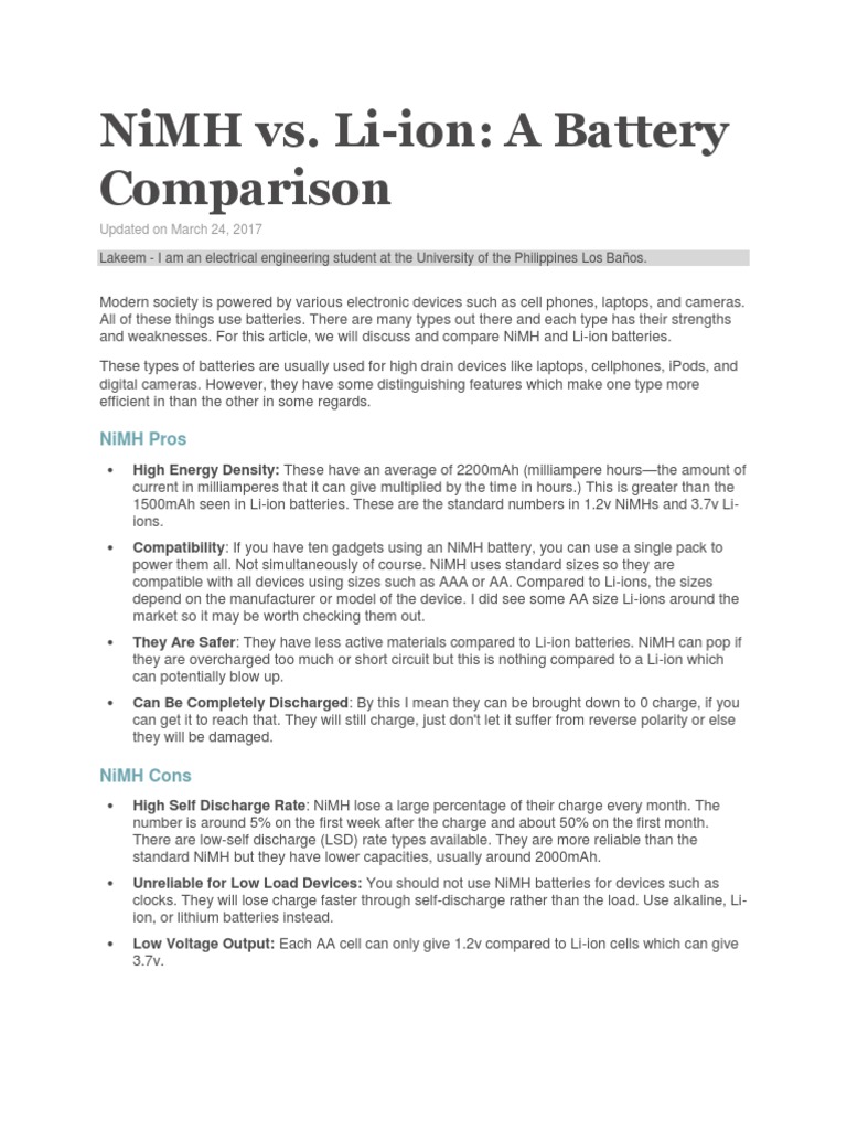NiMH vs Liion Battery (Electricity) Lithium Ion Battery