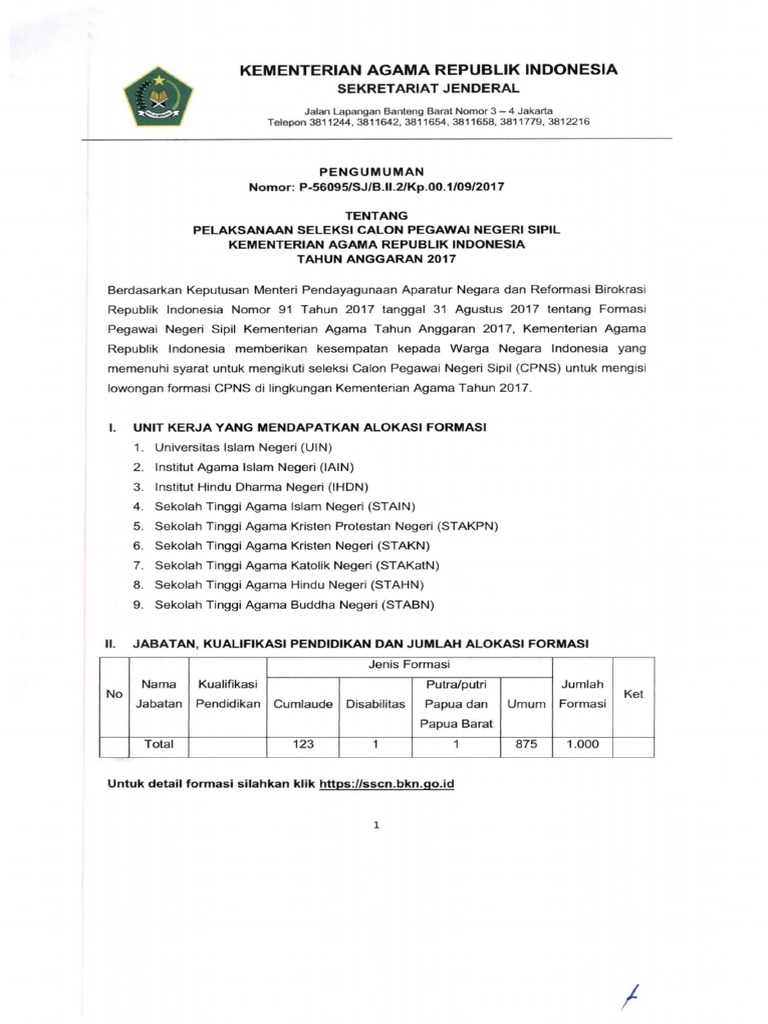 01 Pengumuman Cpns Kemenag 2017 Pdf