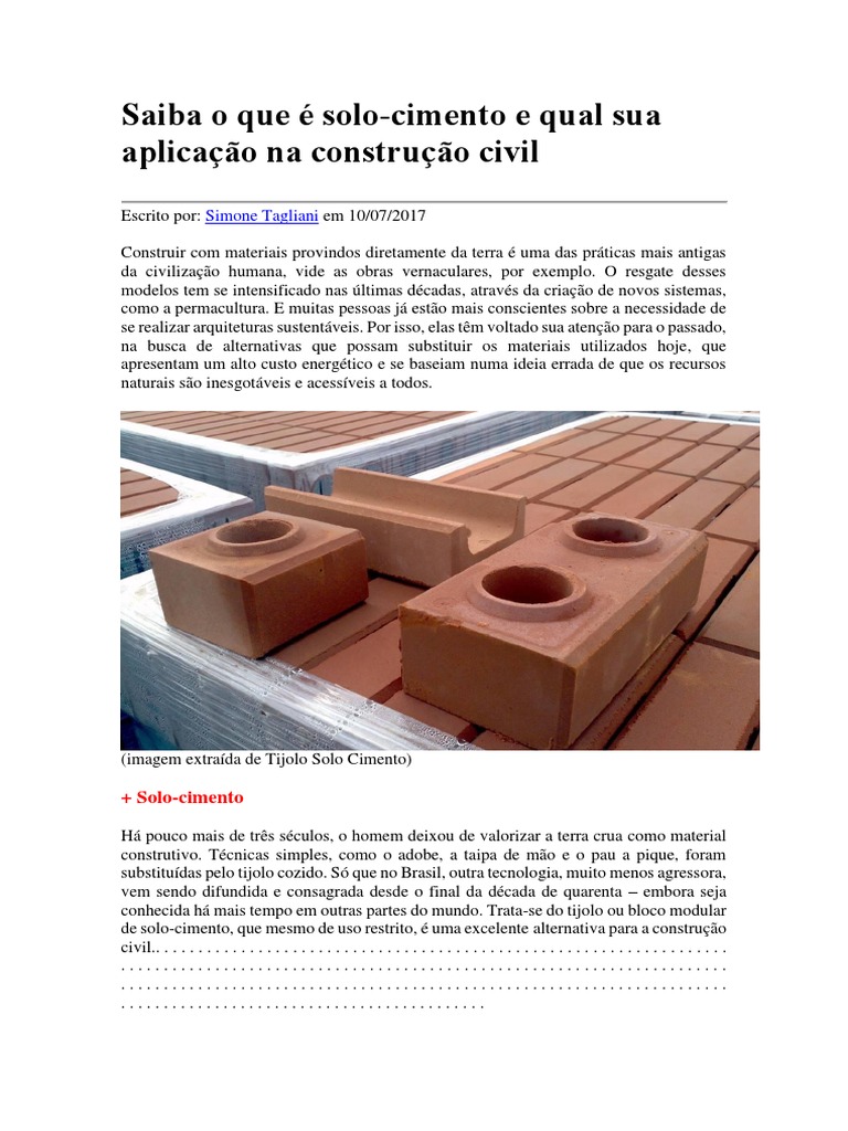 Saiba o que é solocimento e qual sua aplicação na construção civil Tijolo Cimento