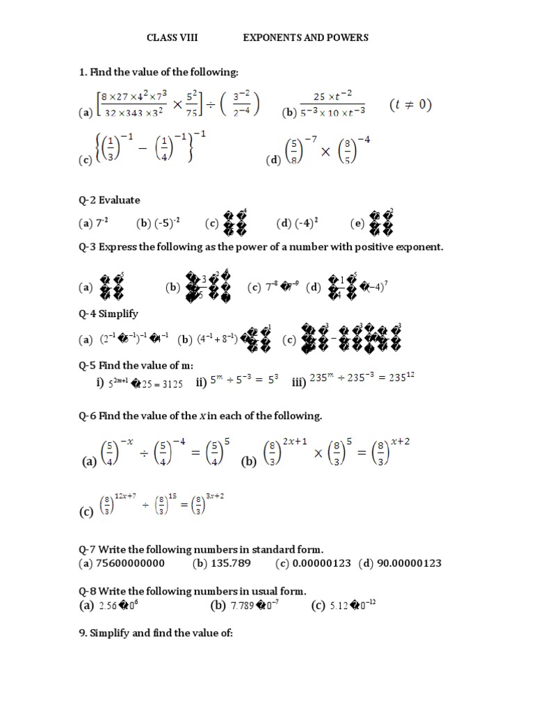 exponents and powersassignment class 8 cbse mathematics
