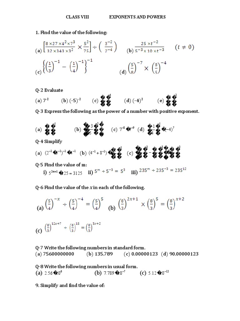 exponents and powers assignment class 8