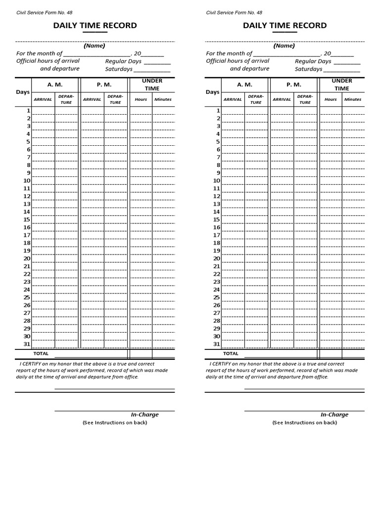 Dtr Form Daily Time Record Pdf