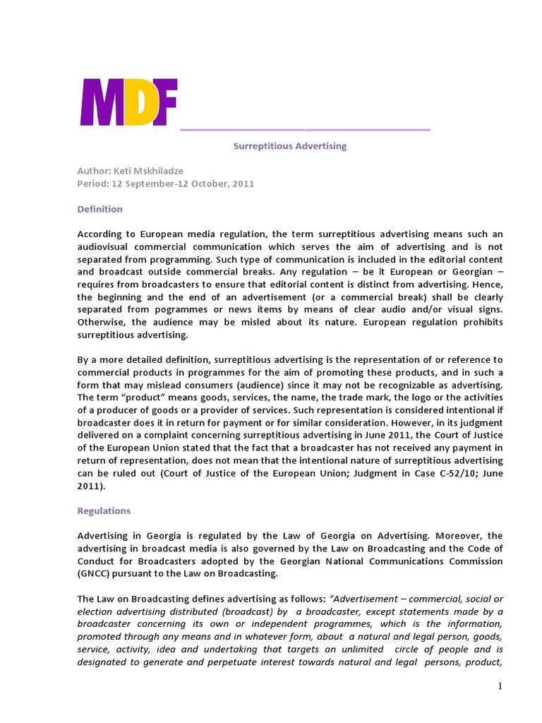 Surreptitious Advertising PDF Television Advertisement Advertising