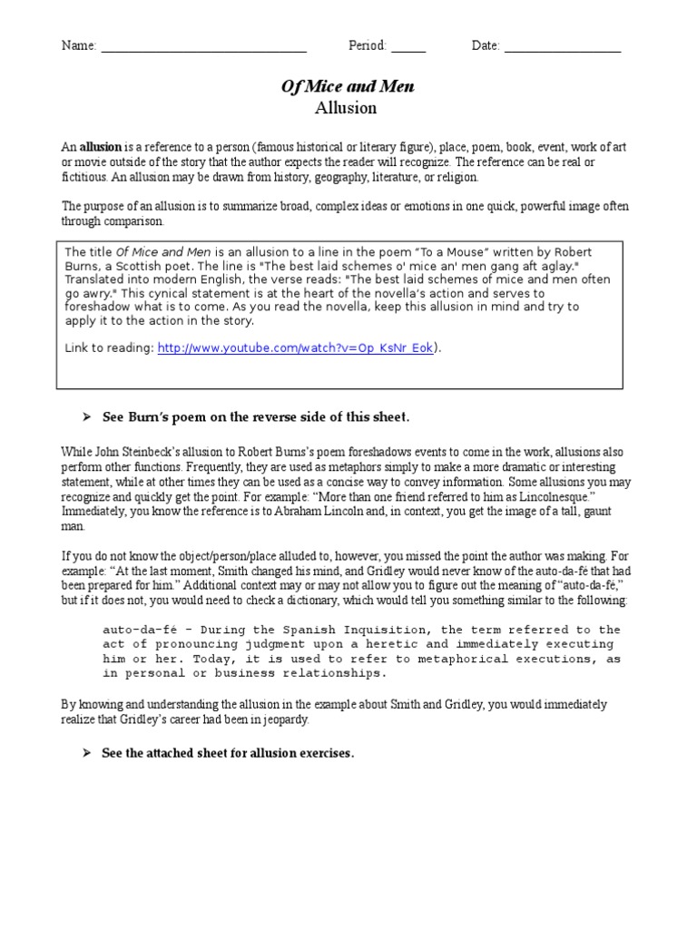 Allusions in "Of Mice and Men" Worksheet | PDF | Thou | Poetry
