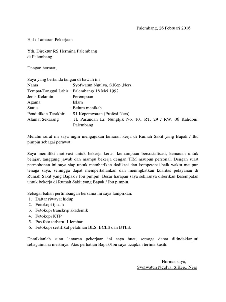 Bidan Contoh Surat Lamaran Kerja Di Rumah Sakit Contoh Cv Menarik