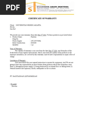 Certificate of Warranty Gondola(English)