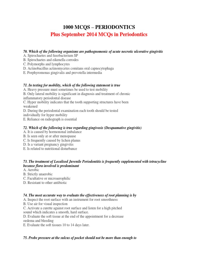 Periodontics MCQs for Dental Exams | PDF | Periodontology | Human Tooth