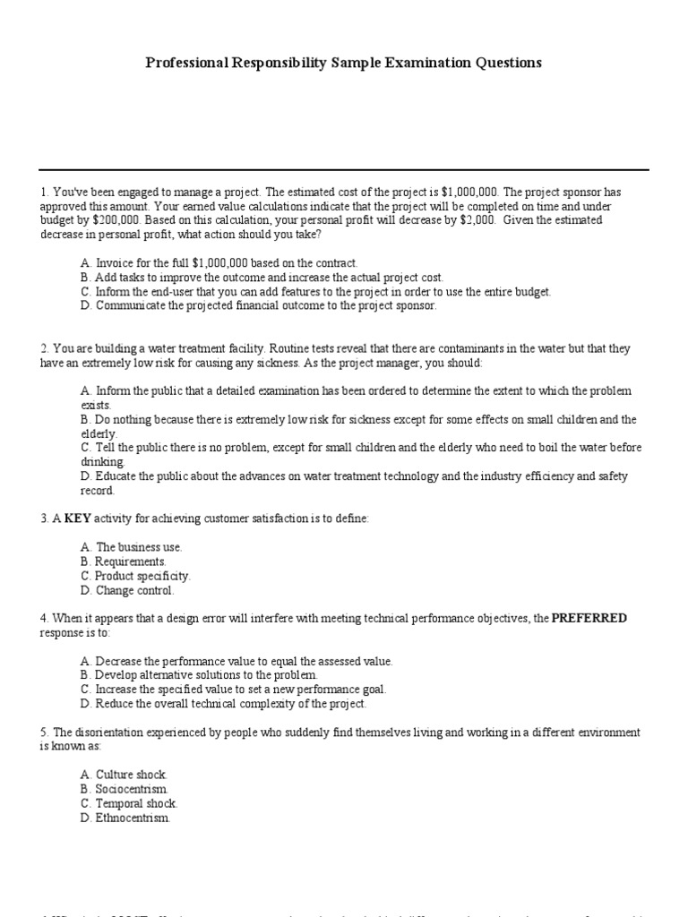 Professional Responsibility Sample Examination Questions Water Treatment Risk