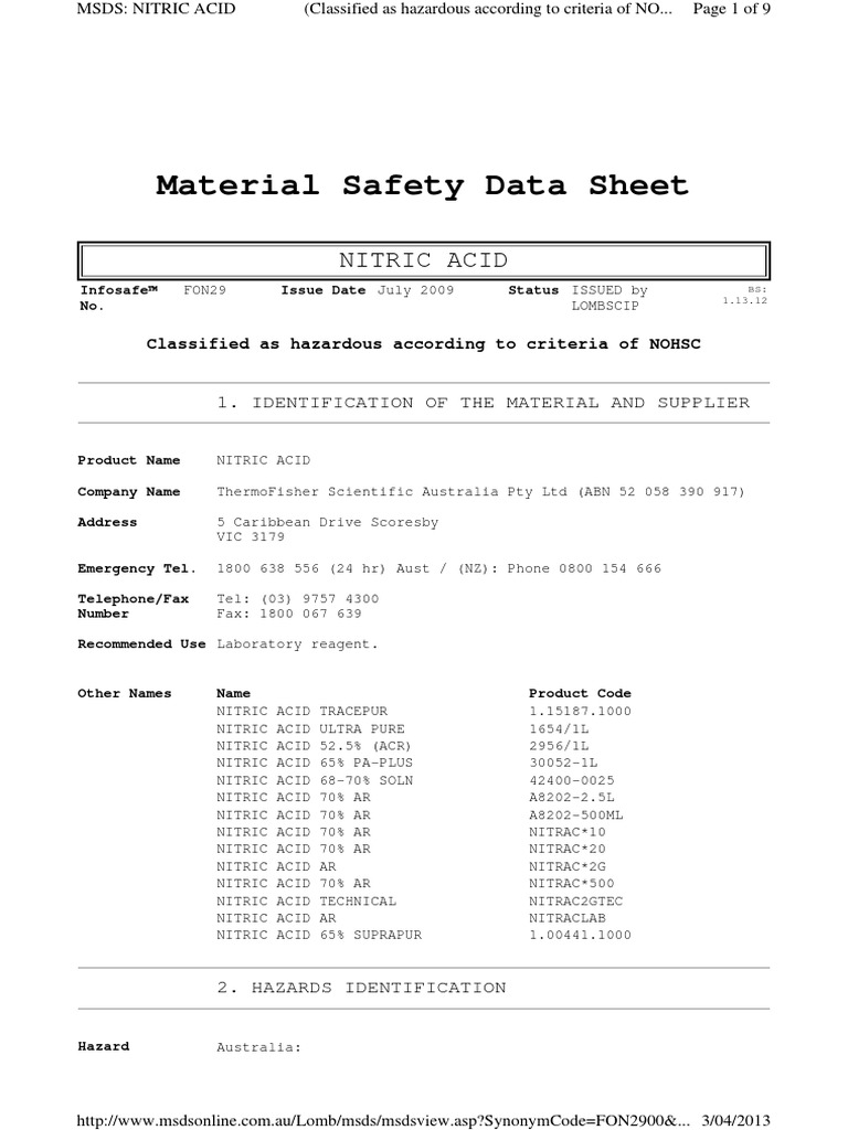 Material Safety Data Sheet NITRIC ACID PDF PDF Dangerous Goods