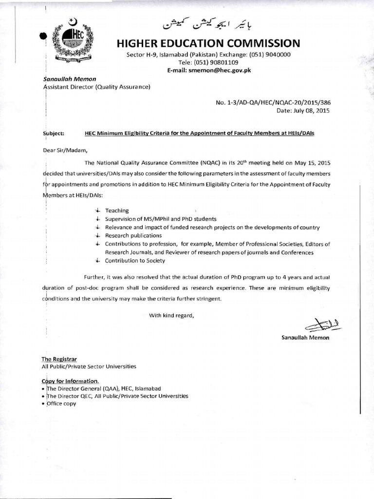 HEC Criteria For Appointment of Faculty Member PDF | PDF