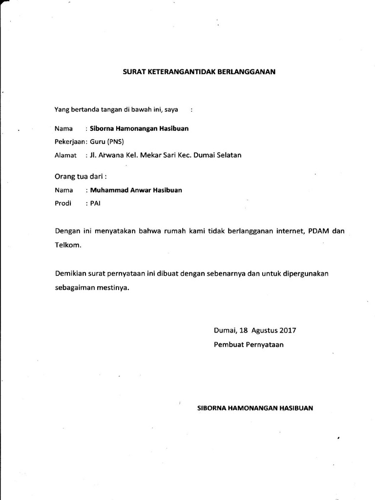 Scan Surat Keterangan Tidak Berlangganan Tanpa Tanda Tangan