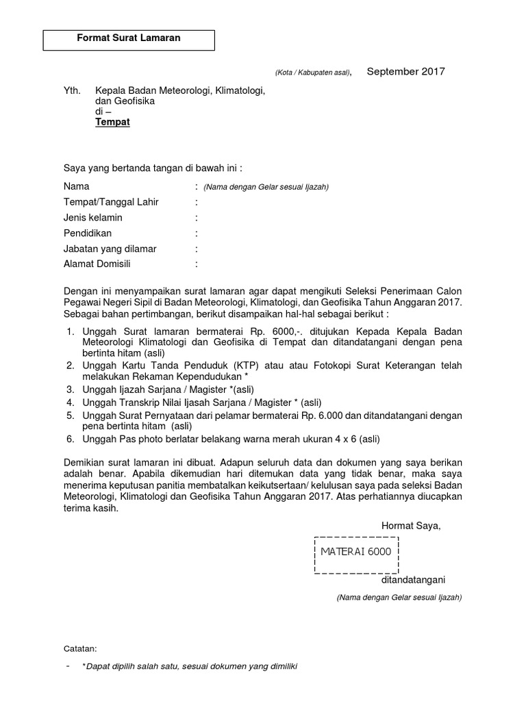 Format Surat Lamaran Bmkg