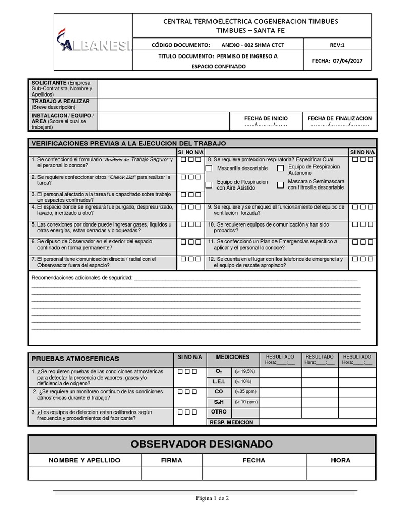 Permiso de Espacio Confinado Anexo - 002 Shma Ctct v01 | Bienestar ...