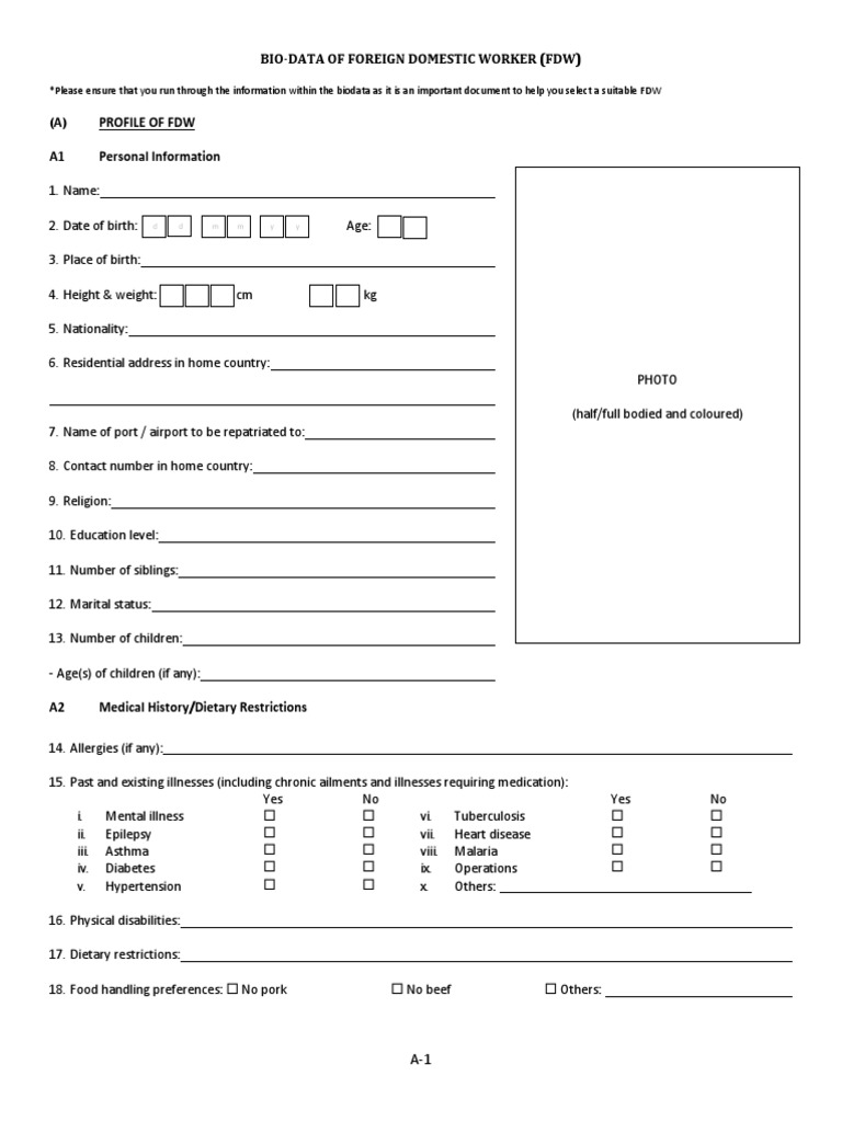 Standard FDW Biodata Form-14 | PDF | Medicine | Health Sciences