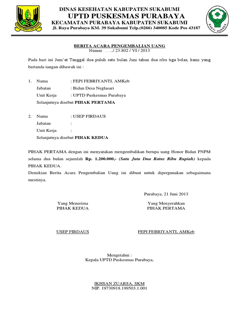 Berita Acara Pengmbalian Uang