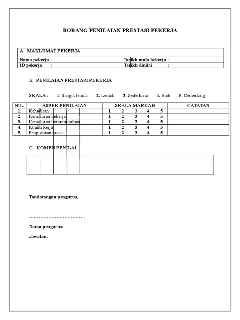 Contoh Surat Penilaian Prestasi Kerja